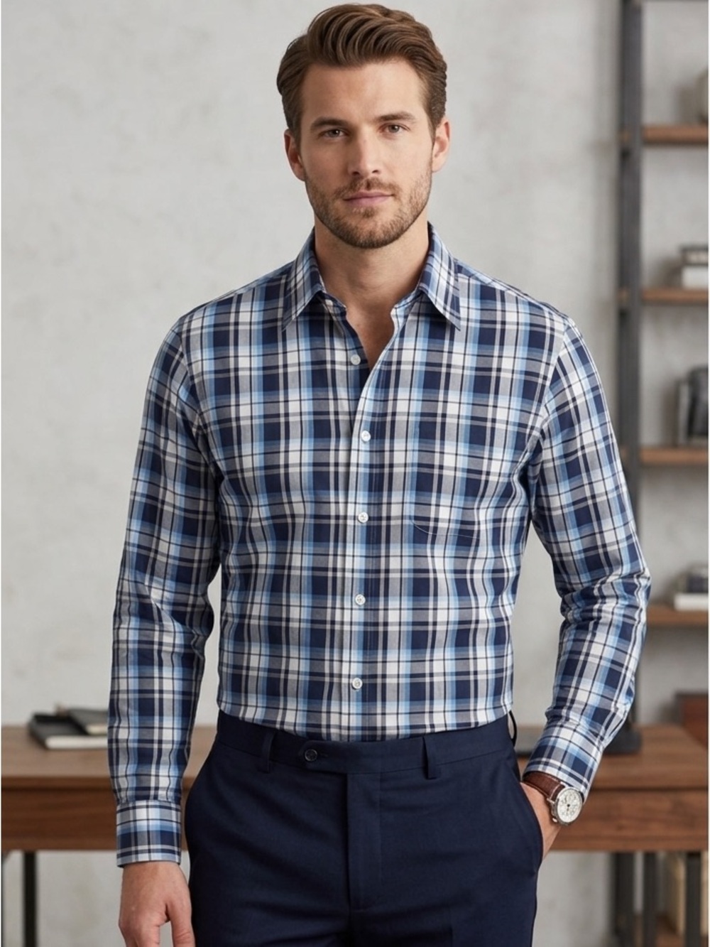 Nordstrom Men's Shop Smartcare Shirt Medium trim fit, Blue plaid Non Iron cotton